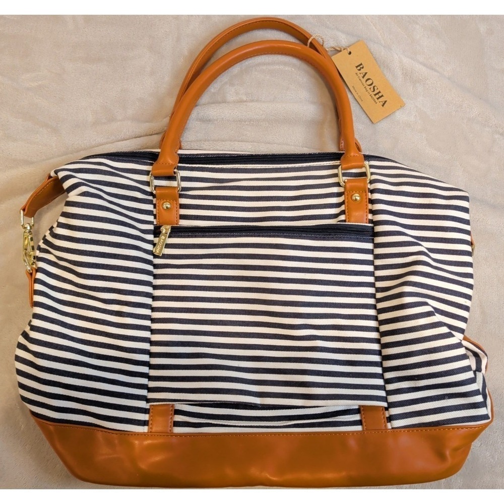 BAOSHA Striped Canvas‎ Weekender Duffel Bag Brown Faux Leather Travel Tote